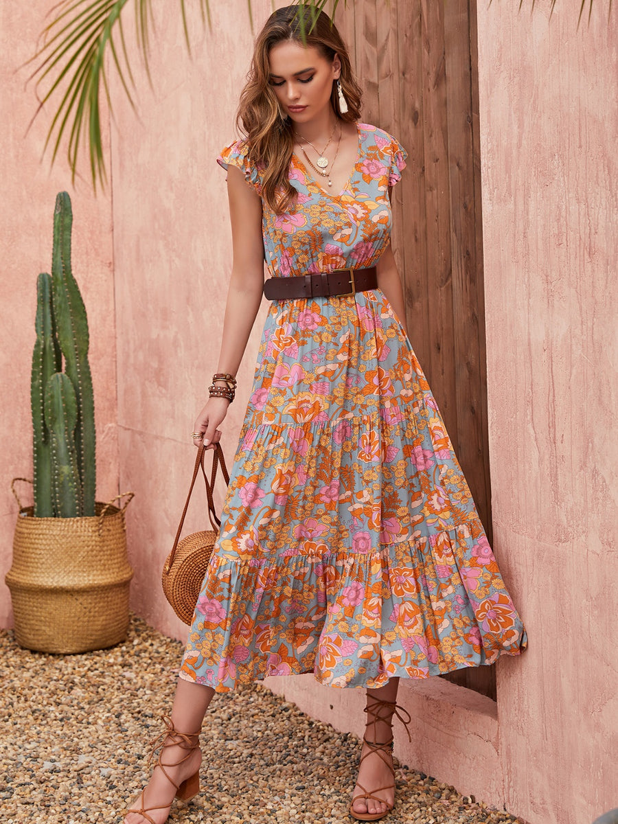 Coffee Roll Tab Sleeve Collared V Neck Velvet Dress