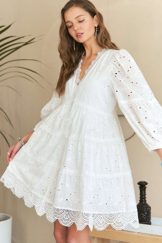 ADORA Lace Detail Tiered Eyelet V-Neck Babydoll Dress.