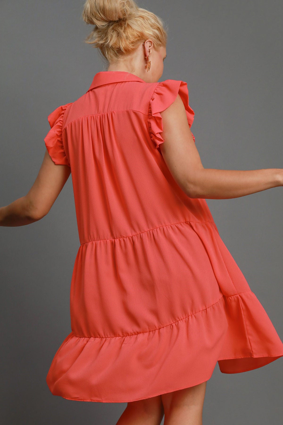 Umgee Full Size Johnny Collar Ruffle Cap Sleeve Tiered Dress Plus Size.