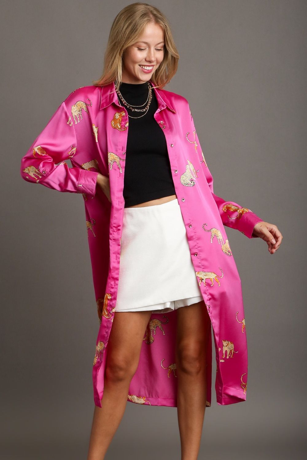 Umgee Full Size Animal Print Button Down Midi Shirt Dress Plus Size.