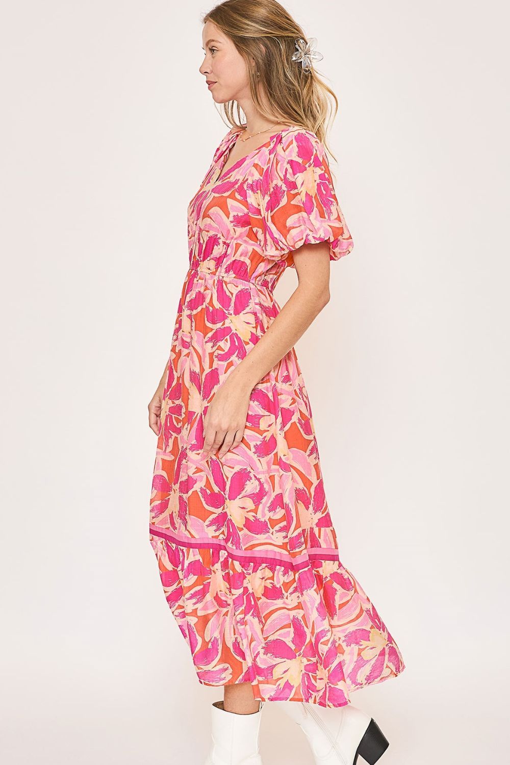 Umgee Floral Notched Puff Sleeve Midi Dress.
