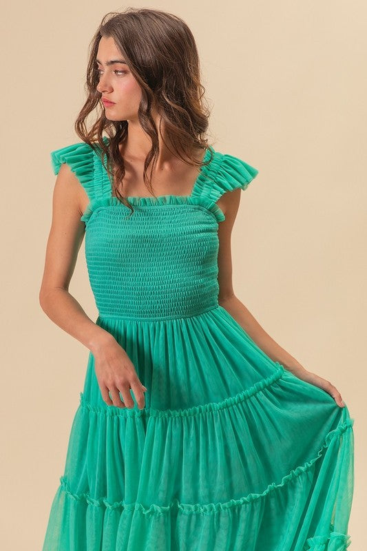 BiBi Frill Mesh Tiered Midi Dress.
