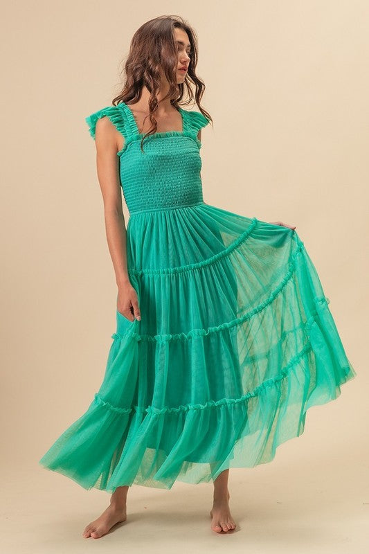 BiBi Frill Mesh Tiered Midi Dress.