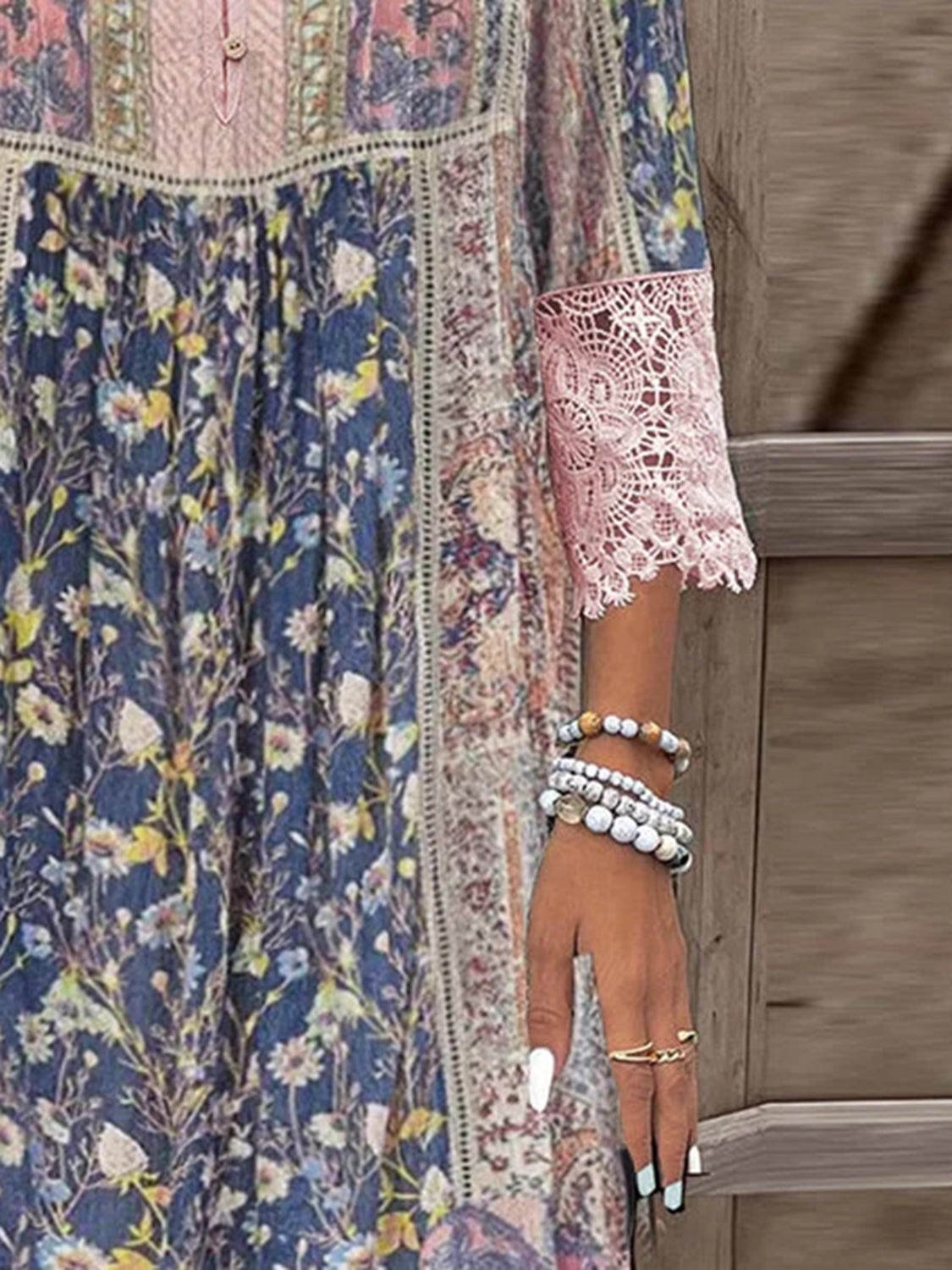 Full Size Lace Detail Printed Three-Quarter Sleeve Dress.