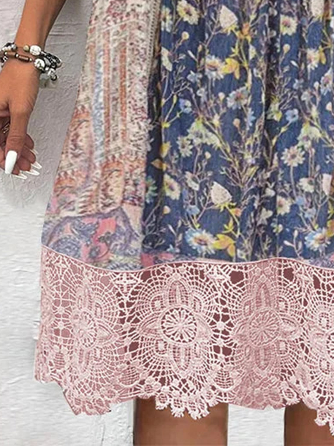 Full Size Lace Detail Printed Three-Quarter Sleeve Dress.