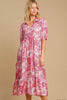 Umgee Full Size Ruffled Hem Floral Paisley Print Half Sleeve Midi Dress Plus Size.
