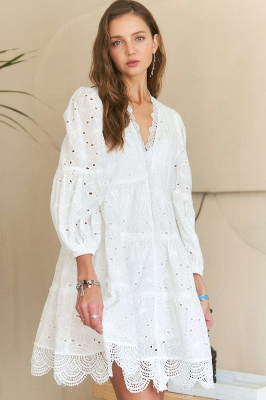 ADORA Lace Detail Tiered Eyelet V-Neck Babydoll Dress.