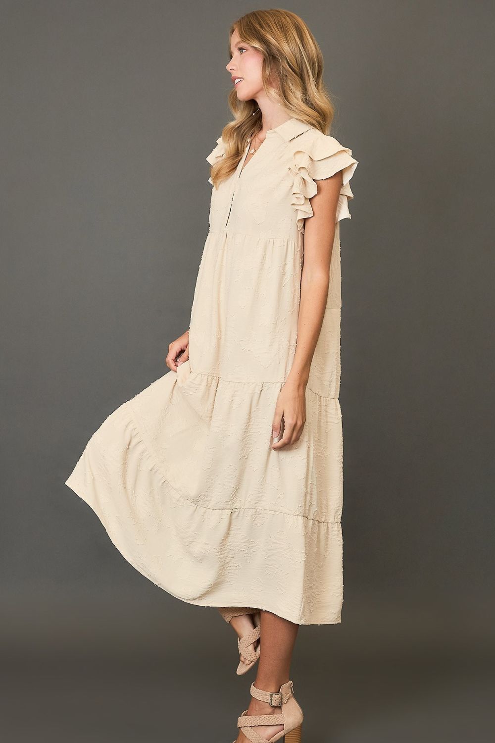 Umgee Full Size Tiered Floral Burnout Ruffle Sleeve Midi Dress Plus Size.