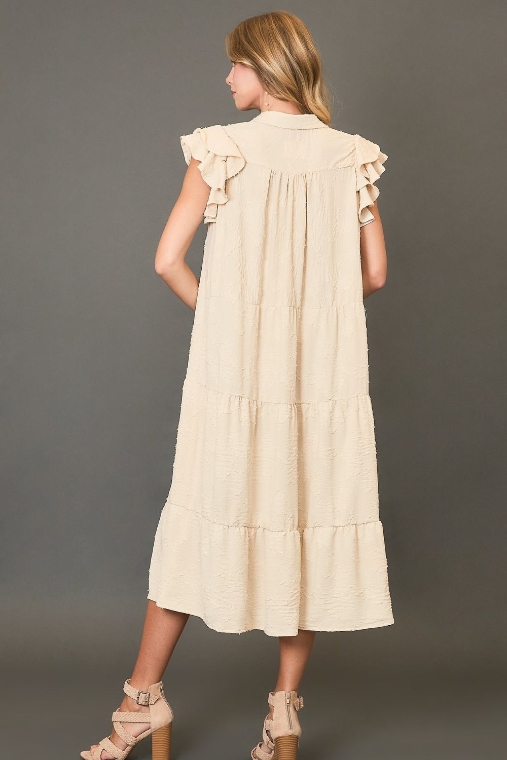 Umgee Full Size Tiered Floral Burnout Ruffle Sleeve Midi Dress Plus Size.
