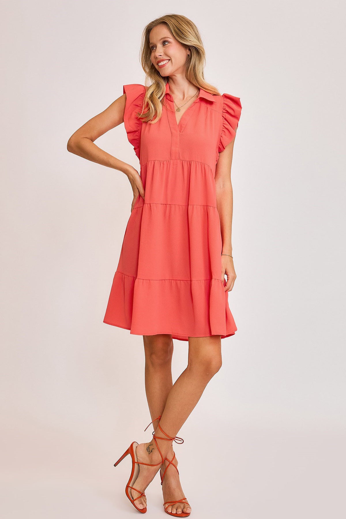 Umgee Full Size Johnny Collar Ruffle Cap Sleeve Tiered Dress Plus Size.