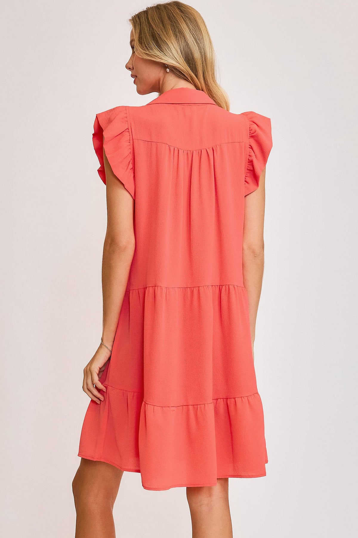 Umgee Full Size Johnny Collar Ruffle Cap Sleeve Tiered Dress Plus Size.
