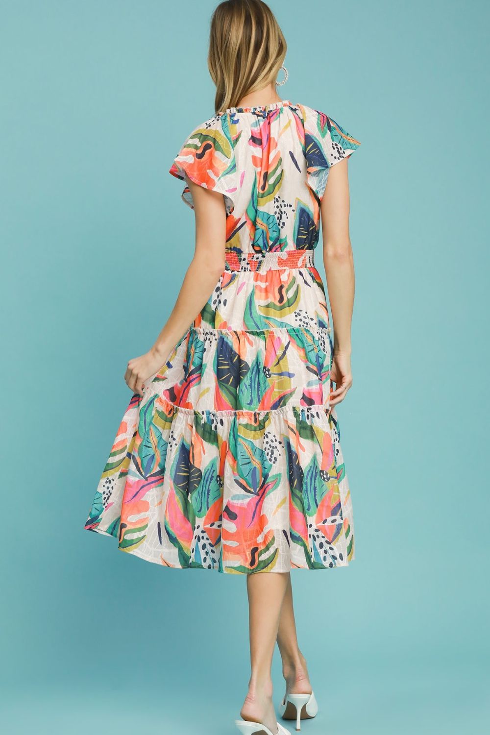 Umgee Full Size Leaf Print Cap Sleeve Tiered Midi Dress Plus Size.