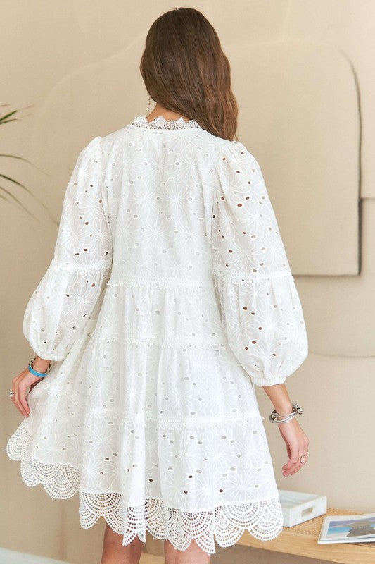 ADORA Lace Detail Tiered Eyelet V-Neck Babydoll Dress.