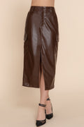 Faux Leather Midi Cargo Skirt Front View