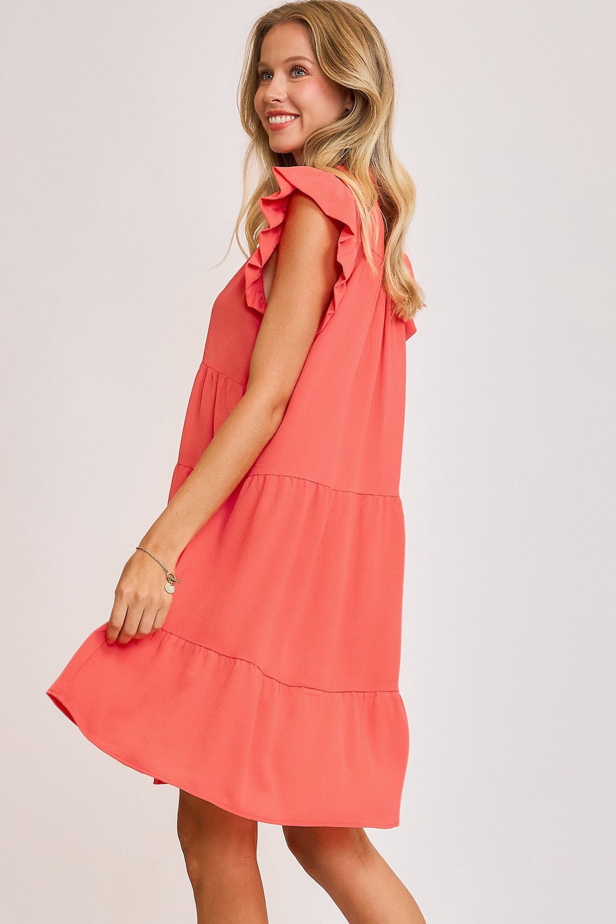 Umgee Full Size Johnny Collar Ruffle Cap Sleeve Tiered Dress Plus Size.
