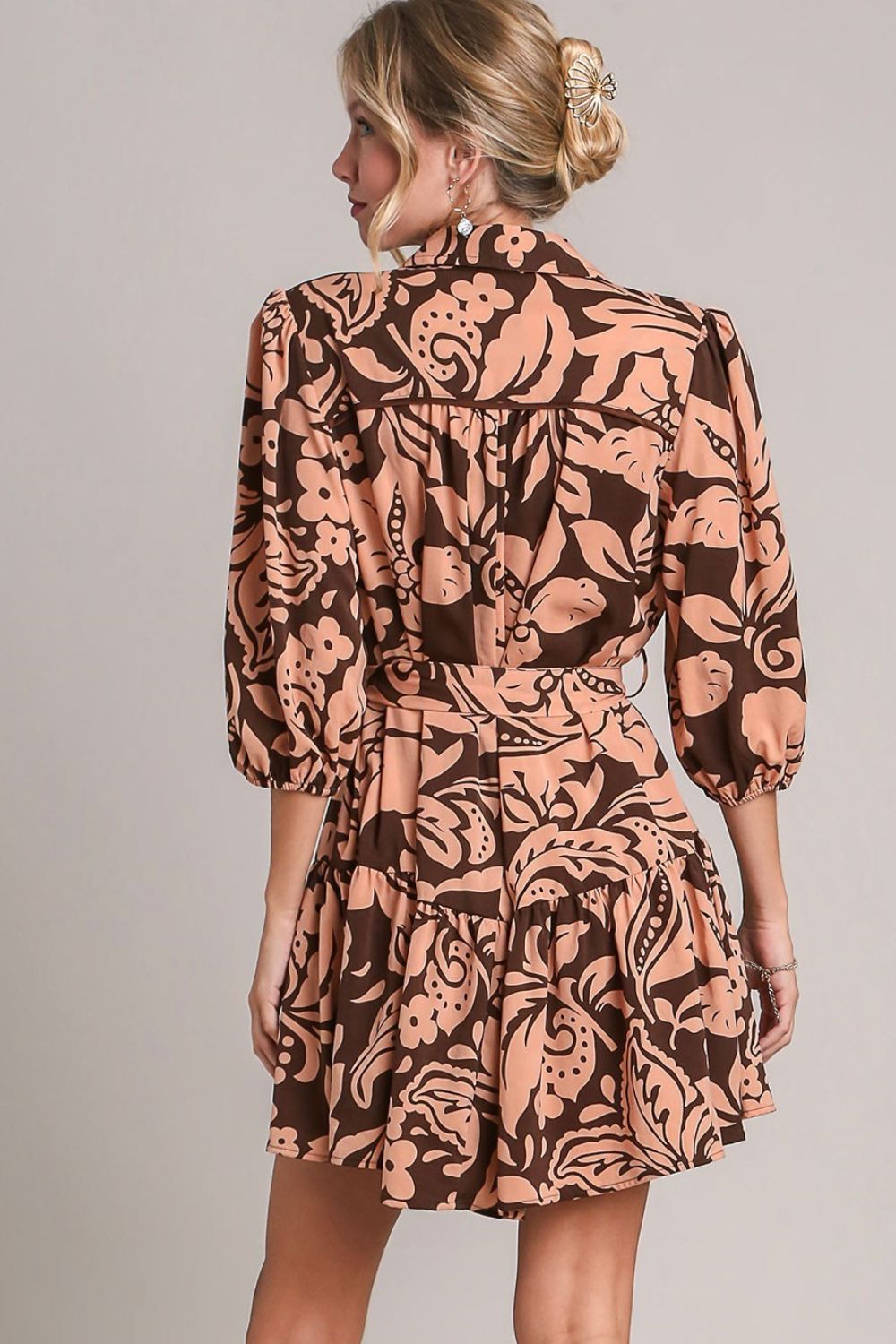 Umgee Full Size Two Tone Floral Print Puff Sleeve Tie Waist Dress Plus Size.