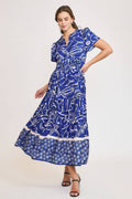 Umgee Full Size Printed Notched Short Sleeve Tiered Dress Plus Size.