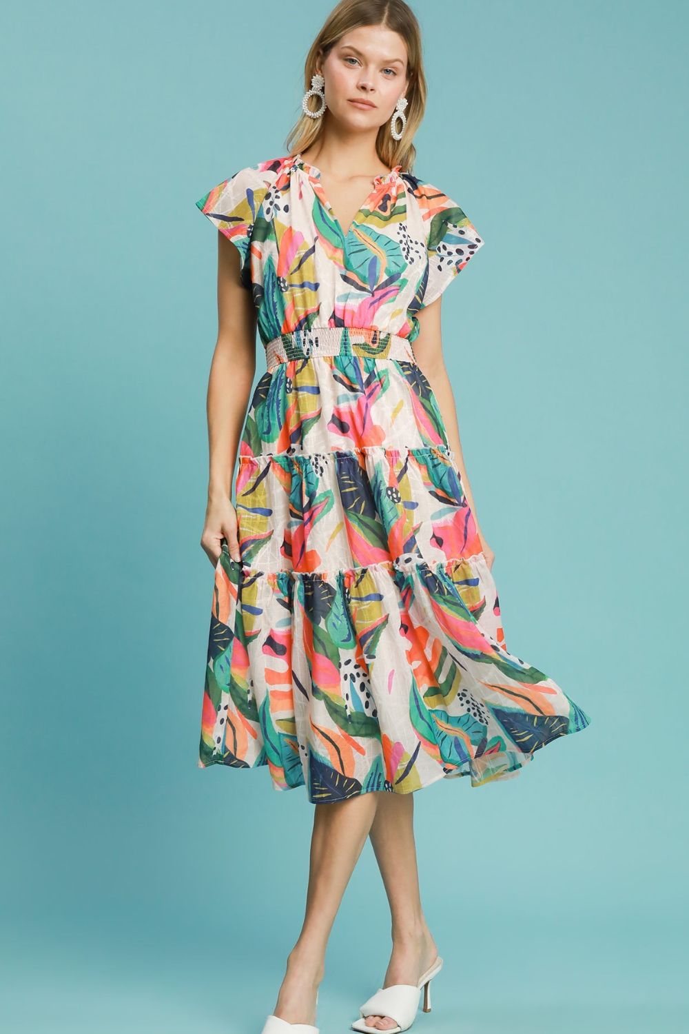 Umgee Full Size Leaf Print Cap Sleeve Tiered Midi Dress Plus Size.
