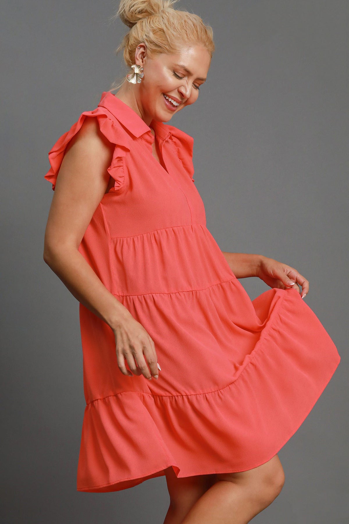 Umgee Full Size Johnny Collar Ruffle Cap Sleeve Tiered Dress Plus Size.
