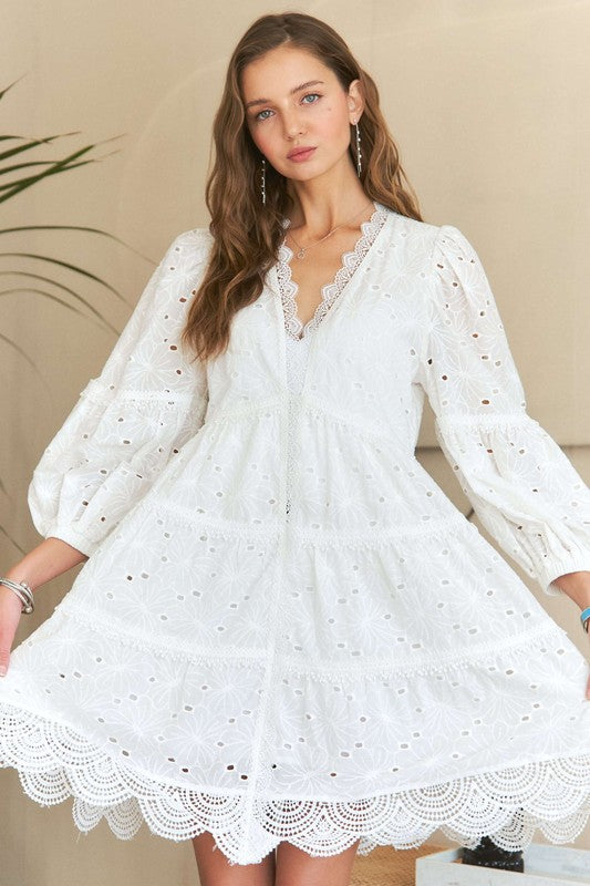 ADORA Lace Detail Tiered Eyelet V-Neck Babydoll Dress.