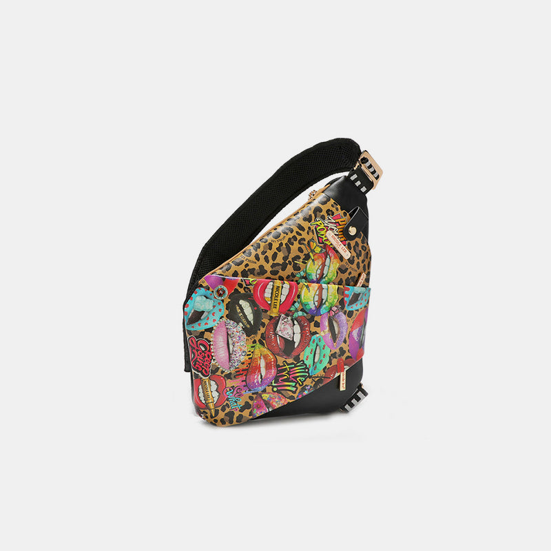 Nicole Lee USA Vegan Leather Leopard & Lip Pattern Crossbody Bag.