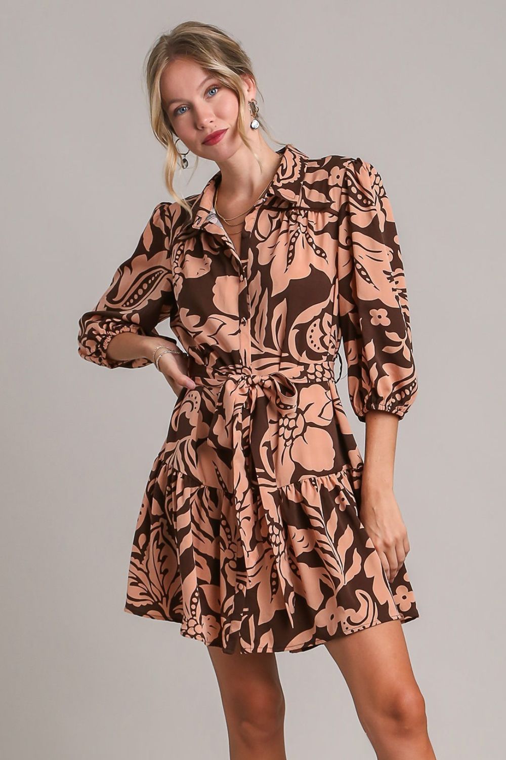 Umgee Full Size Two Tone Floral Print Puff Sleeve Tie Waist Dress Plus Size.